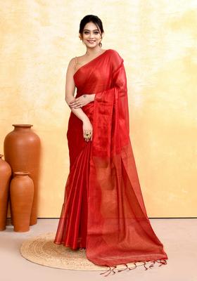Red Handloom Tissue Saree Set