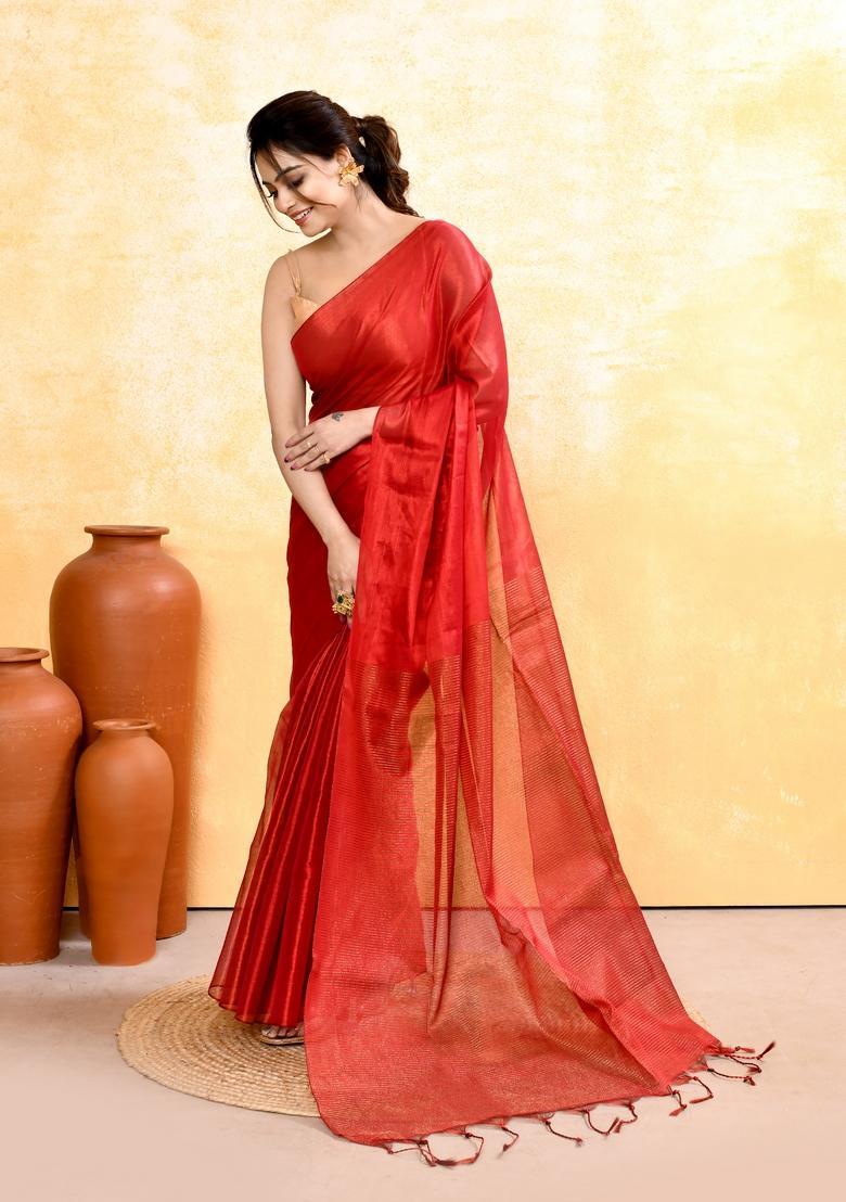 Red Handloom Tissue Saree Set - Indya