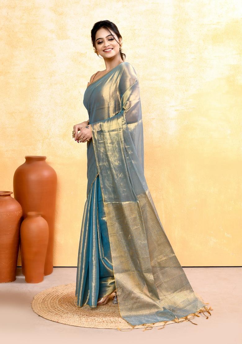 Copper Handloom Tissue Saree Set - Indya