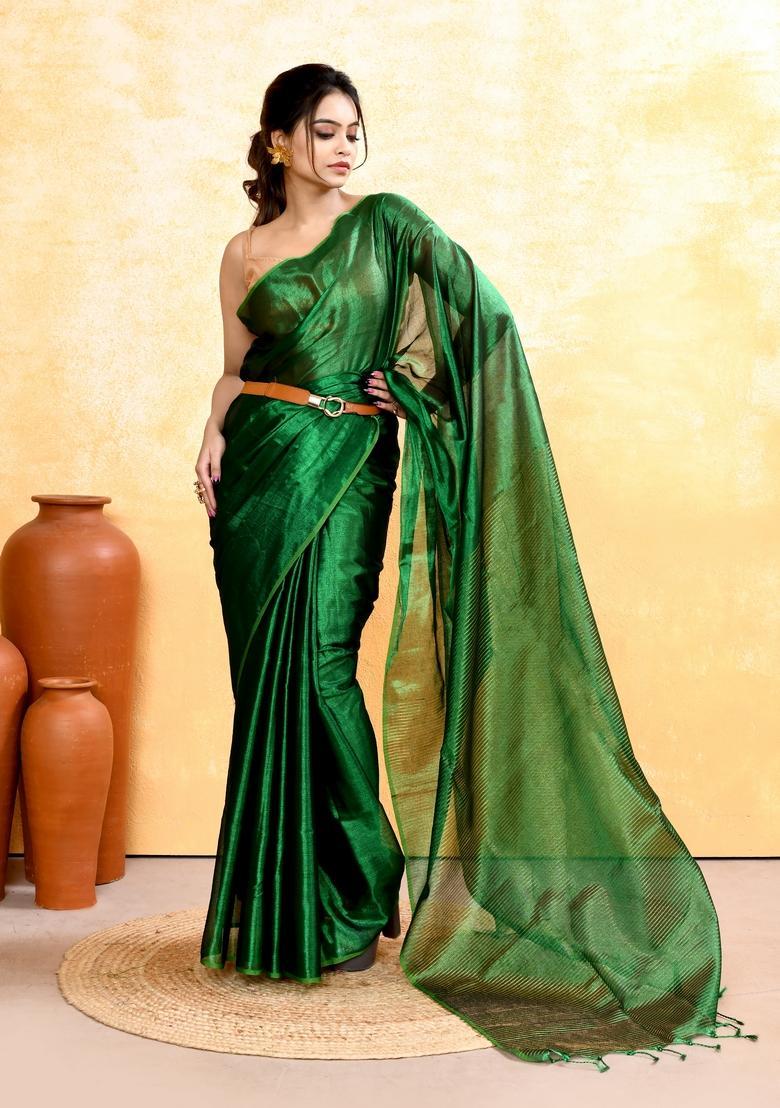 Green Handloom Tissue Saree Set - Indya