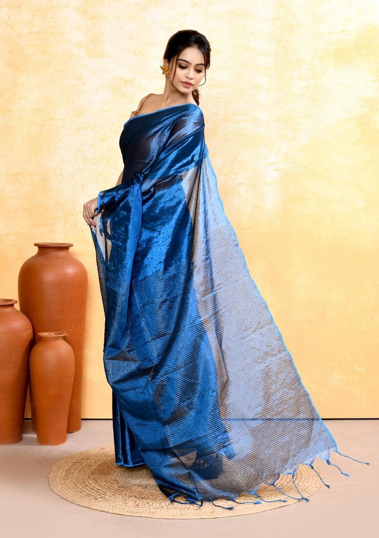 Blue Handloom Tissue Saree Set - Indya