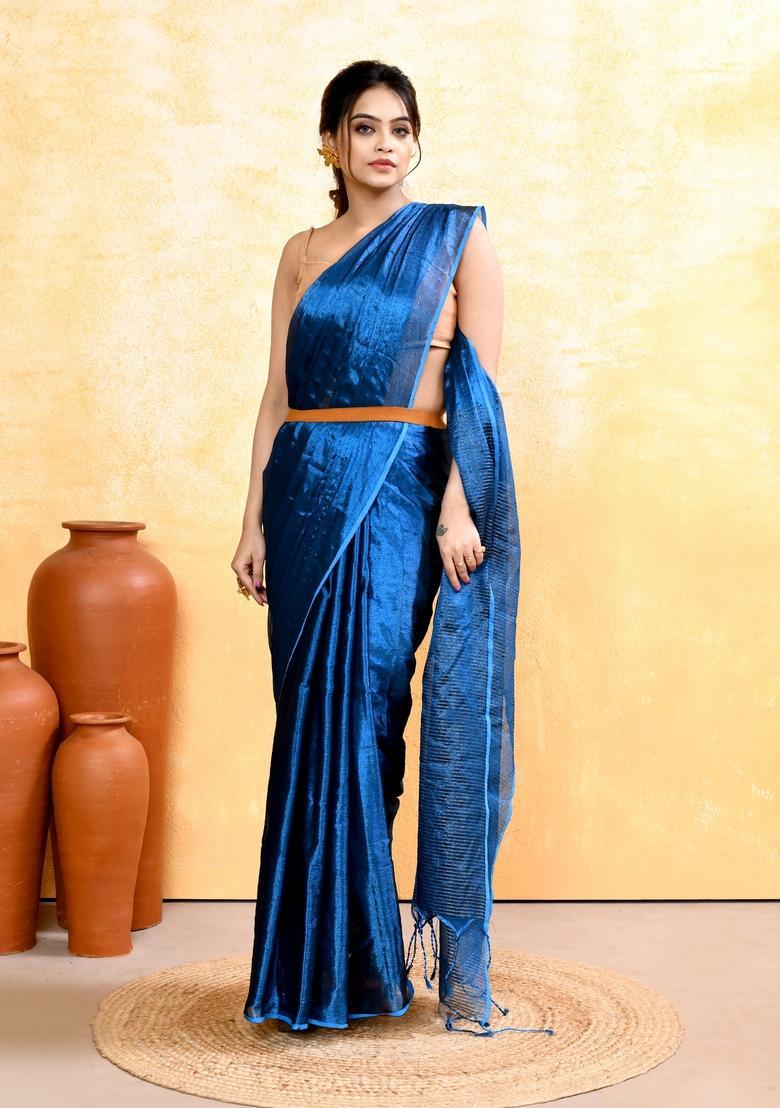 Blue Handloom Tissue Saree Set - Indya
