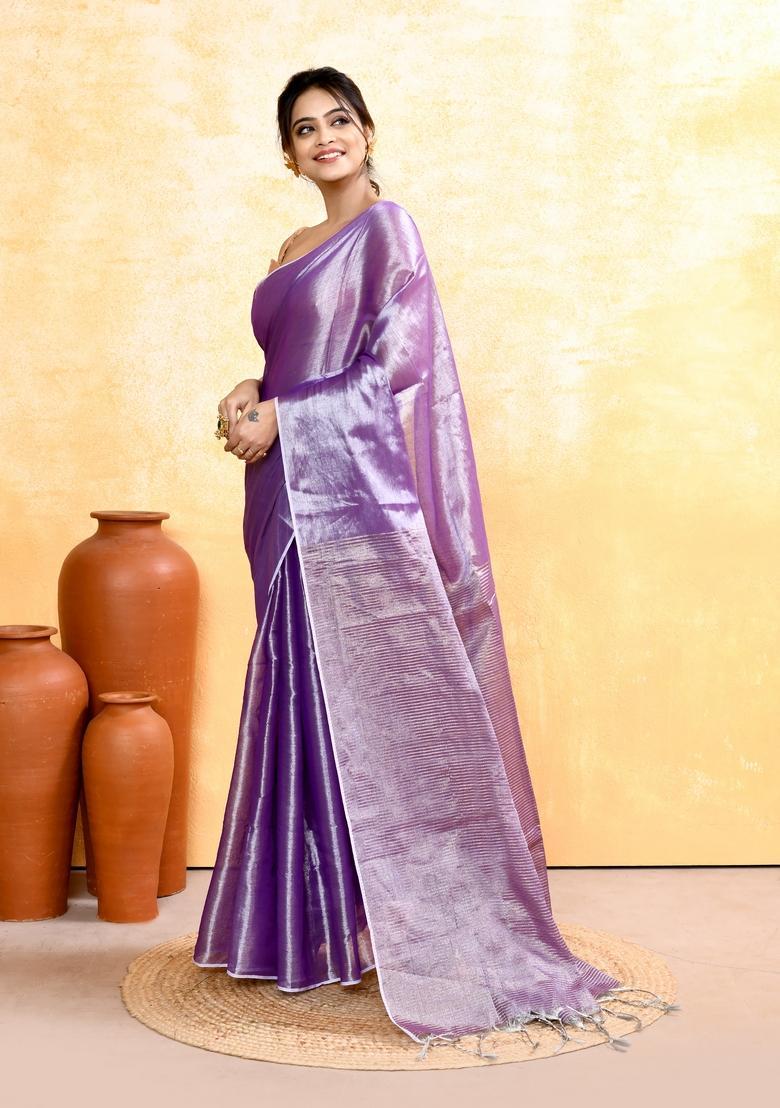 Lavender Handloom Tissue Saree Set - Indya