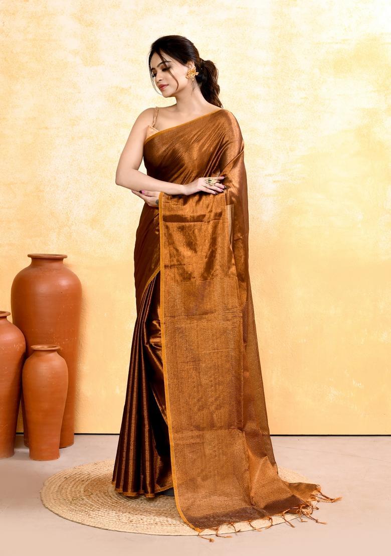 Copper Handloom Tissue Saree Set - Indya