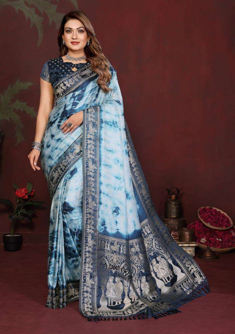 Blue Weaving Work Satin Saree Set for Diwali and Festive Wear - Indya