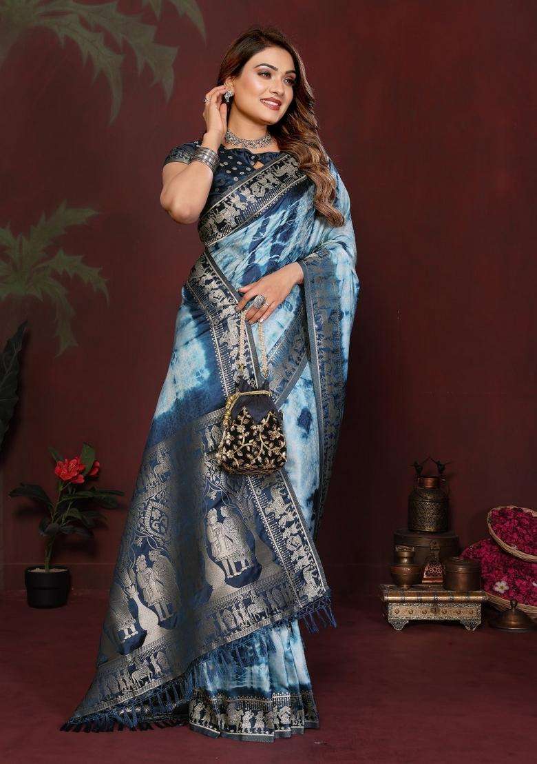 Blue Weaving Work Satin Saree Set for Diwali and Festive Wear - Indya