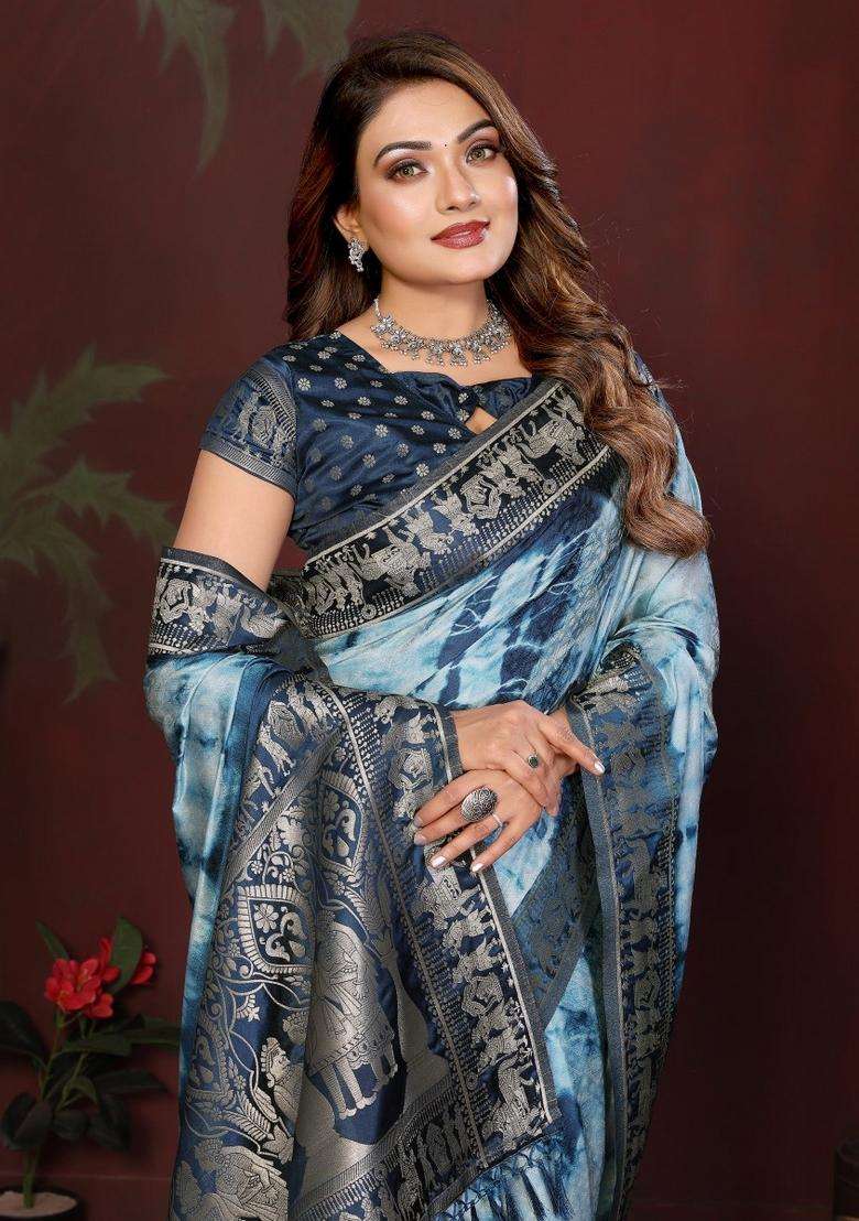 Blue Weaving Work Satin Saree Set for Diwali and Festive Wear - Indya
