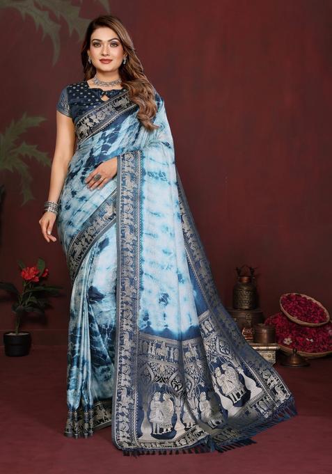 Blue Weaving Work Satin Saree Set