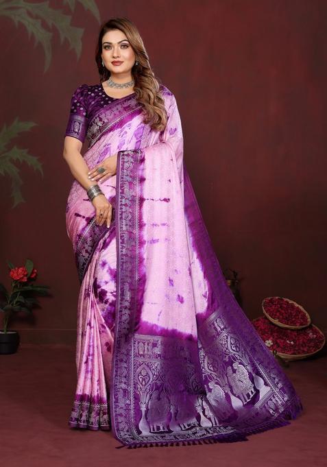 Dark Purple Weaving Work Satin Saree Set