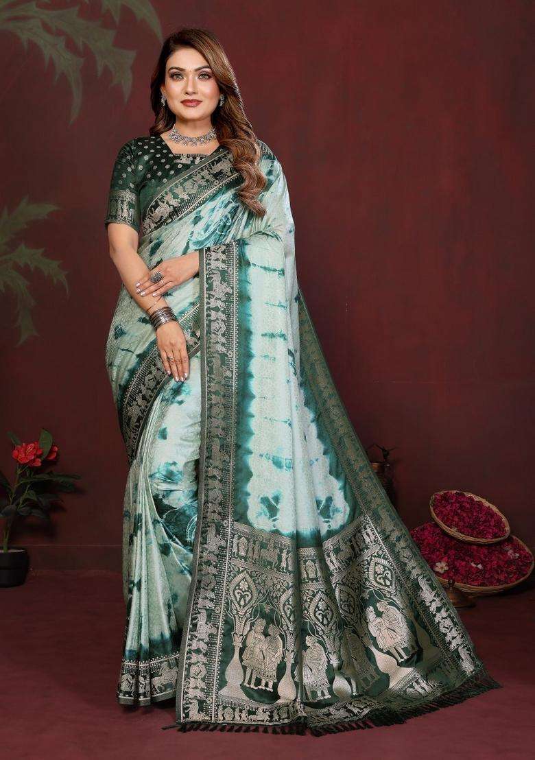 Green Weaving Work Satin Saree Set for Diwali and Festive Wear - Indya