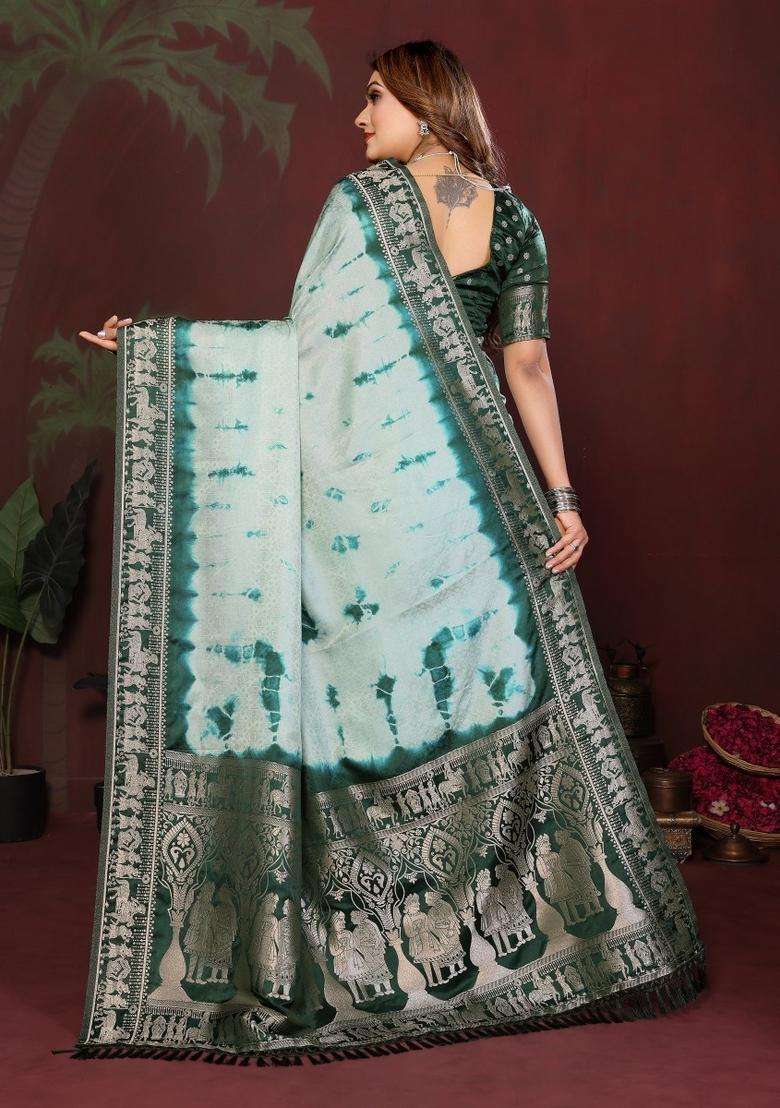 Green Weaving Work Satin Saree Set for Diwali and Festive Wear - Indya
