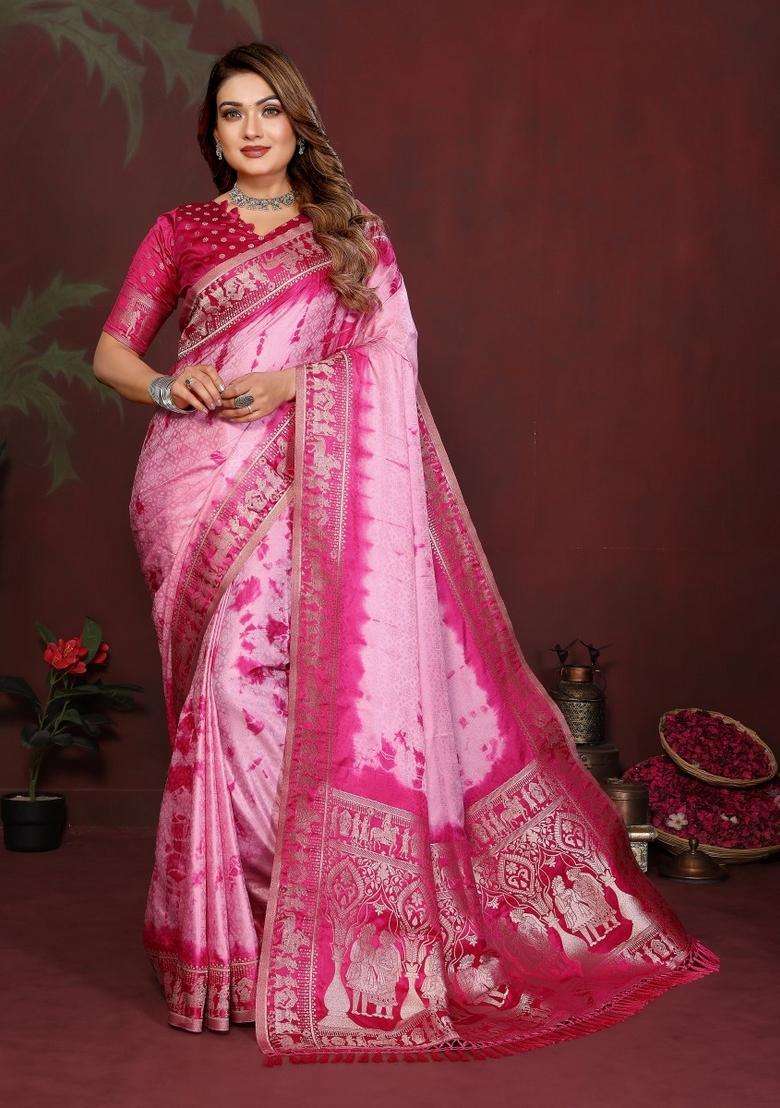 Pink Weaving Work Satin Saree Set for Diwali and Festive Wear - Indya