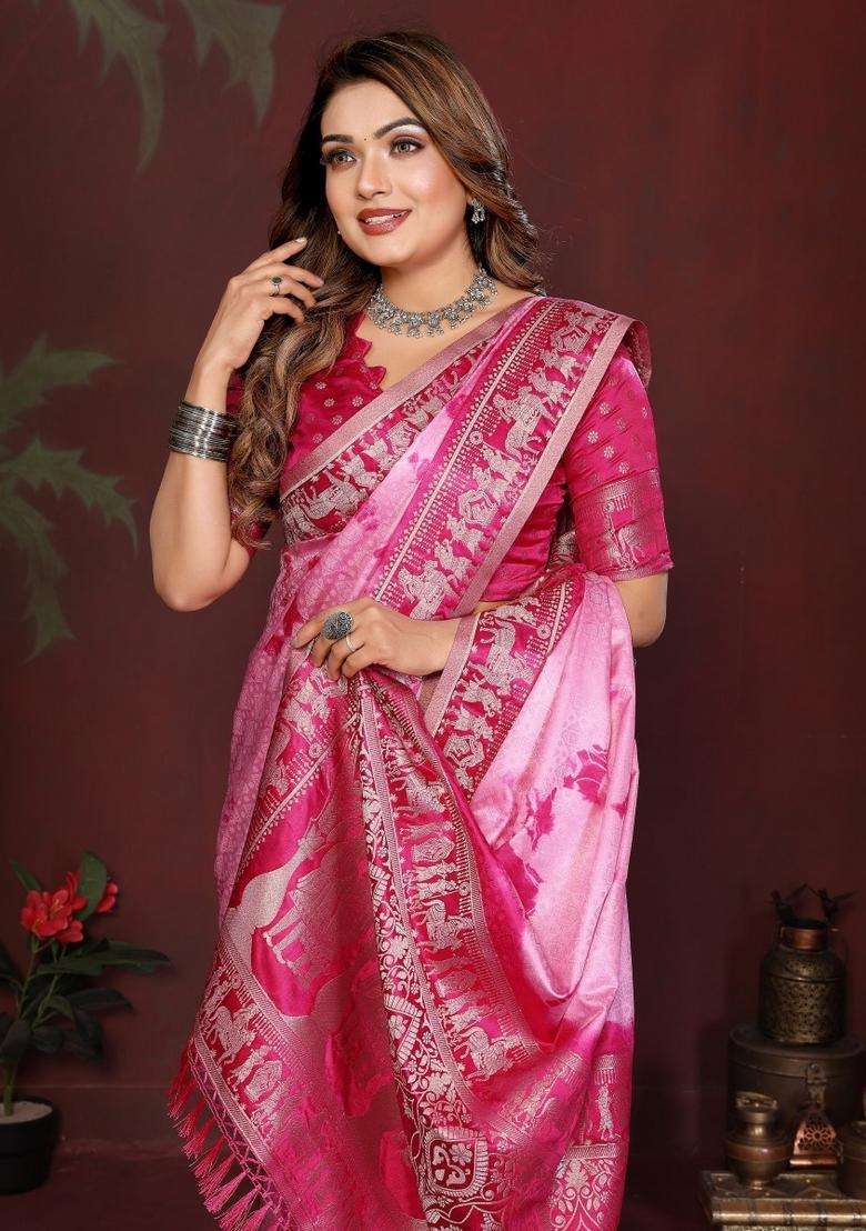 Pink Weaving Work Satin Saree Set for Diwali and Festive Wear - Indya