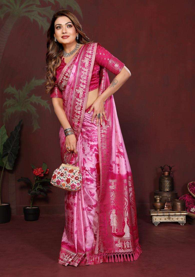 Pink Weaving Work Satin Saree Set for Diwali and Festive Wear - Indya