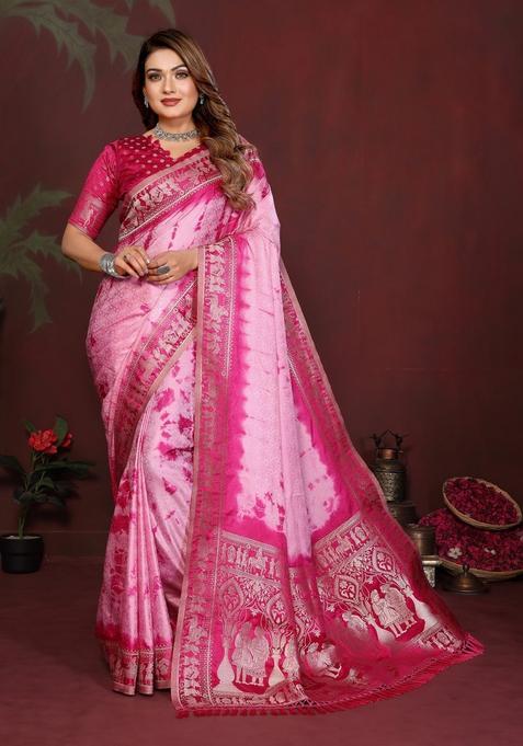Pink Weaving Work Satin Saree Set