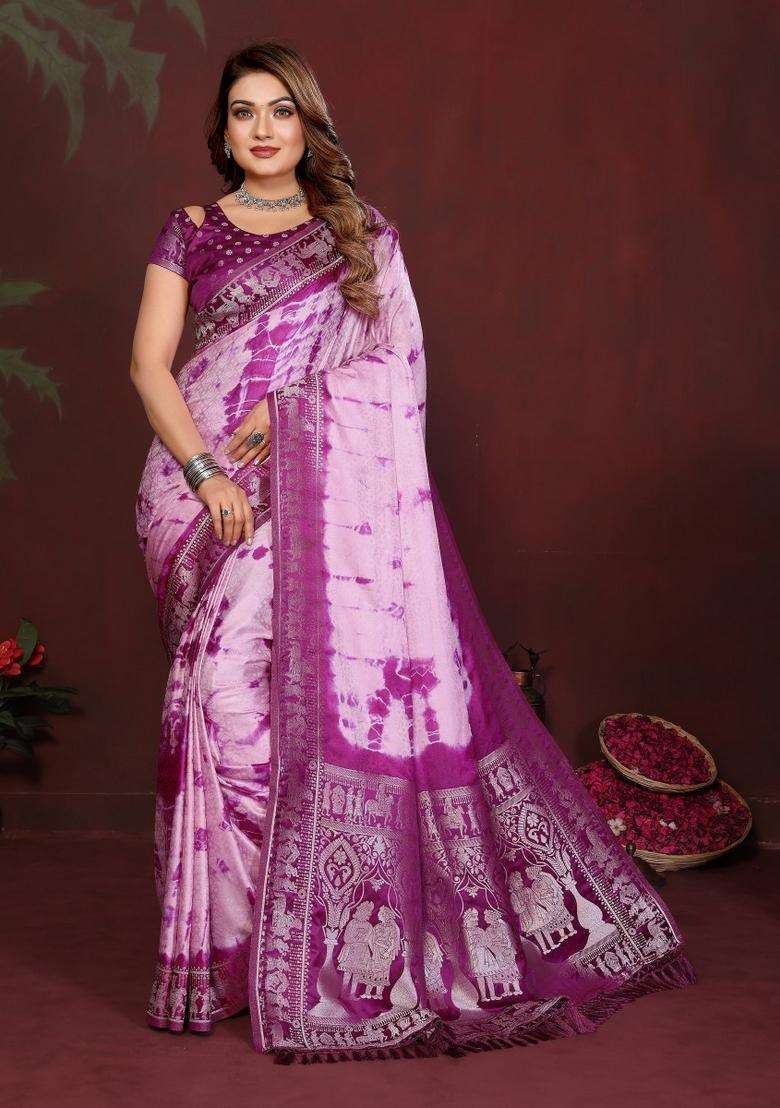 Purple Weaving Work Satin Saree Set for Diwali | Wedding & Festive Wear - Indya
