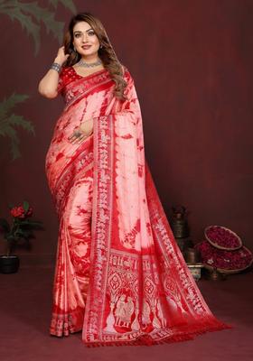Red Weaving Work Satin Saree Set
