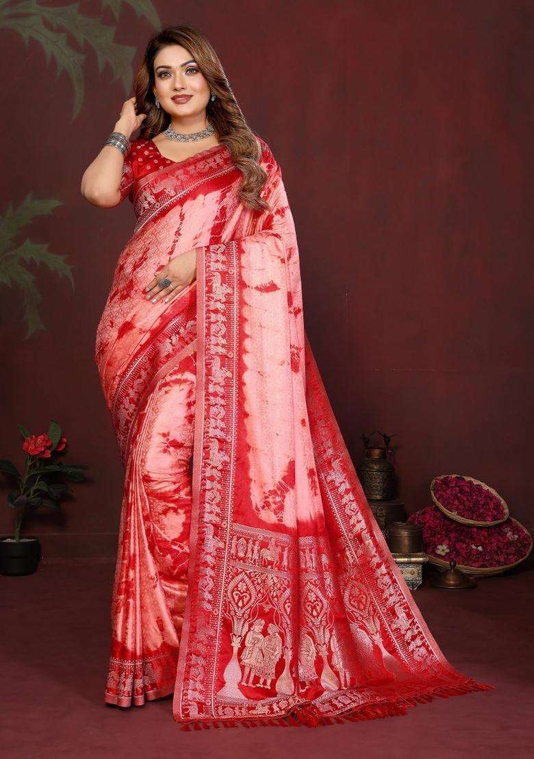 Red Weaving Work Satin Saree Set for Diwali and Festive Wear - Indya