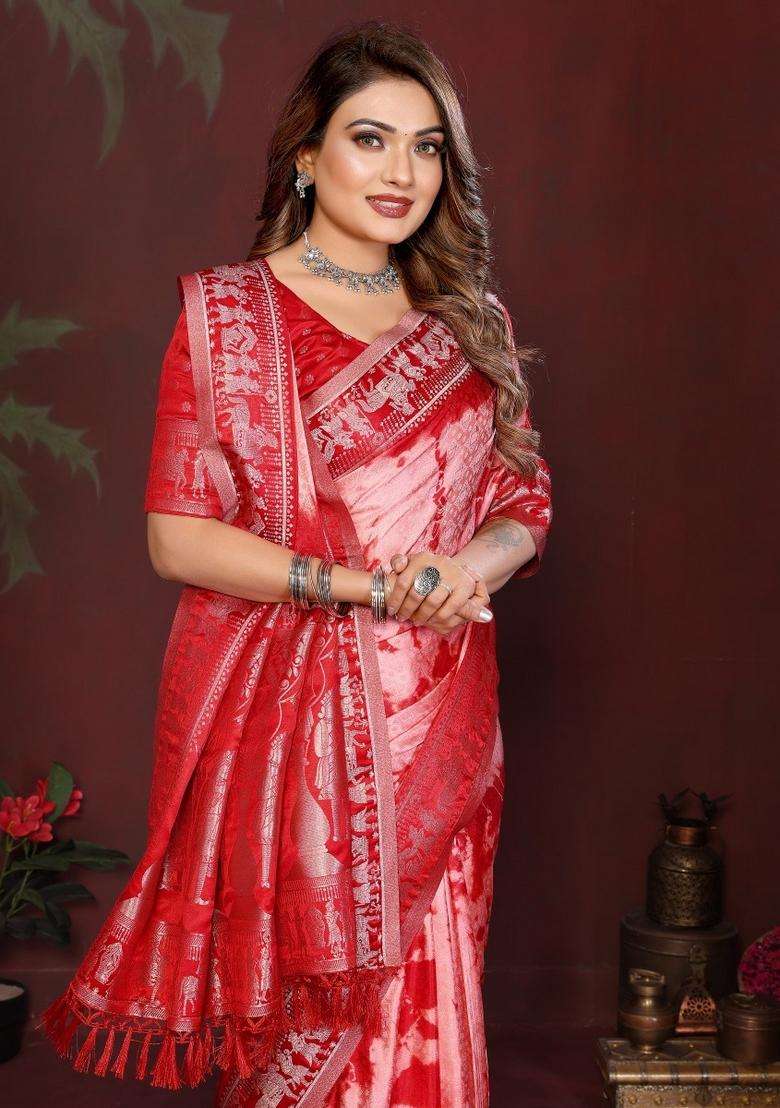 Red Weaving Work Satin Saree Set for Diwali and Festive Wear - Indya