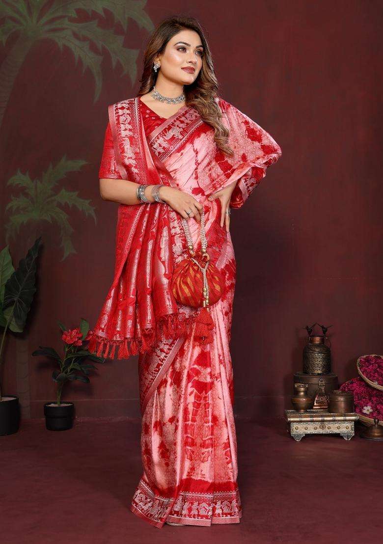 Red Weaving Work Satin Saree Set for Diwali and Festive Wear - Indya