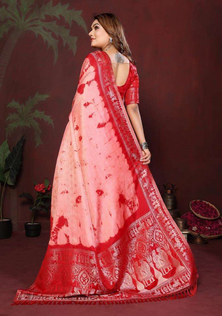 Red Weaving Work Satin Saree Set for Diwali and Festive Wear - Indya
