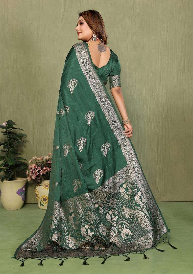 Dark Green Butta Work Satin Saree Set for Diwali | Wedding & Festive Wear - Indya