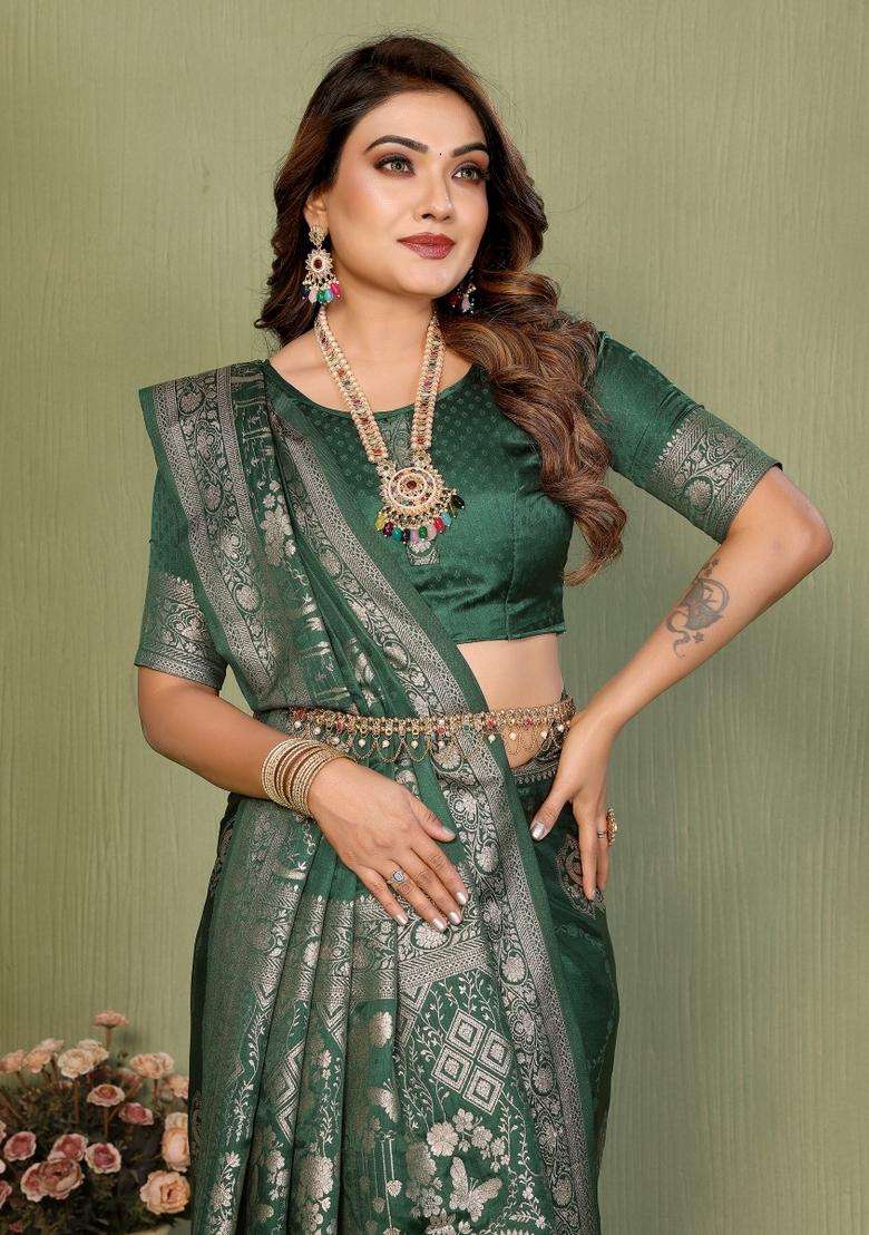Dark Green Butta Work Satin Saree Set for Diwali | Wedding & Festive Wear - Indya