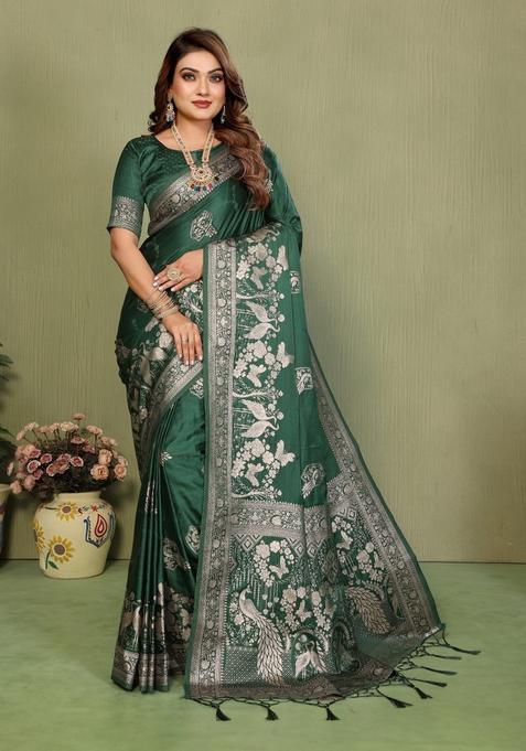 Dark Green Butta Work Satin Saree Set — view on Indya