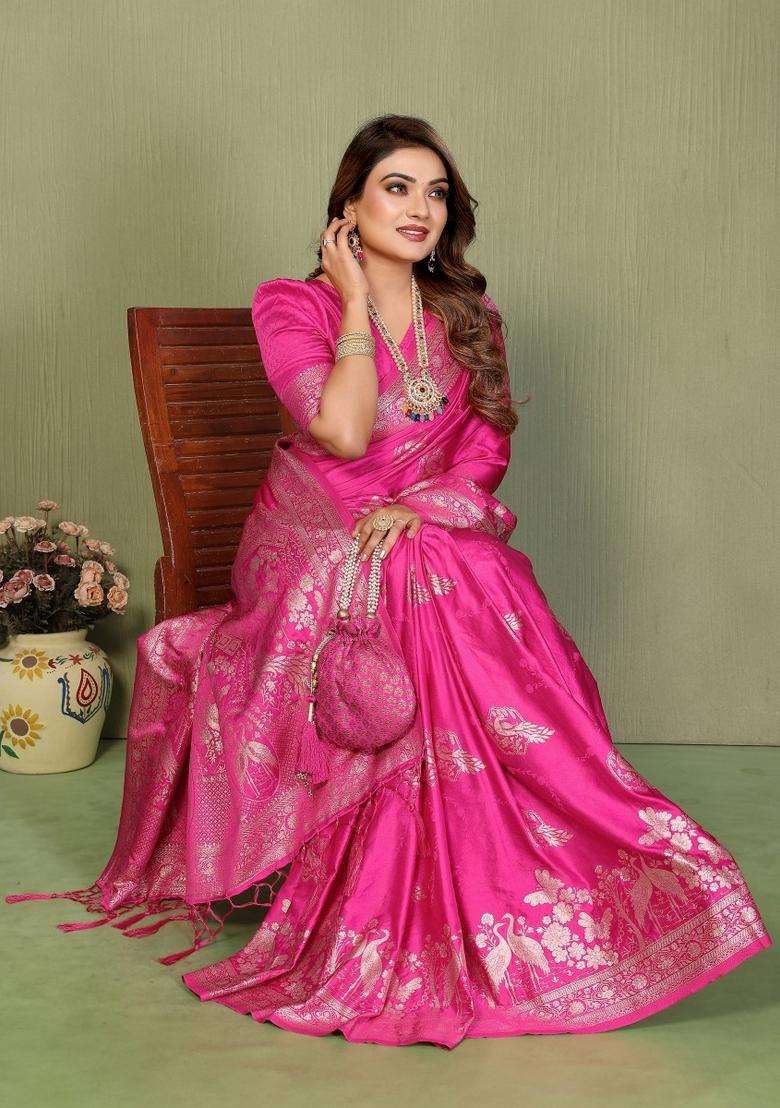 Pink Butta Work Satin Saree Set for Diwali | Wedding & Festive Wear - Indya