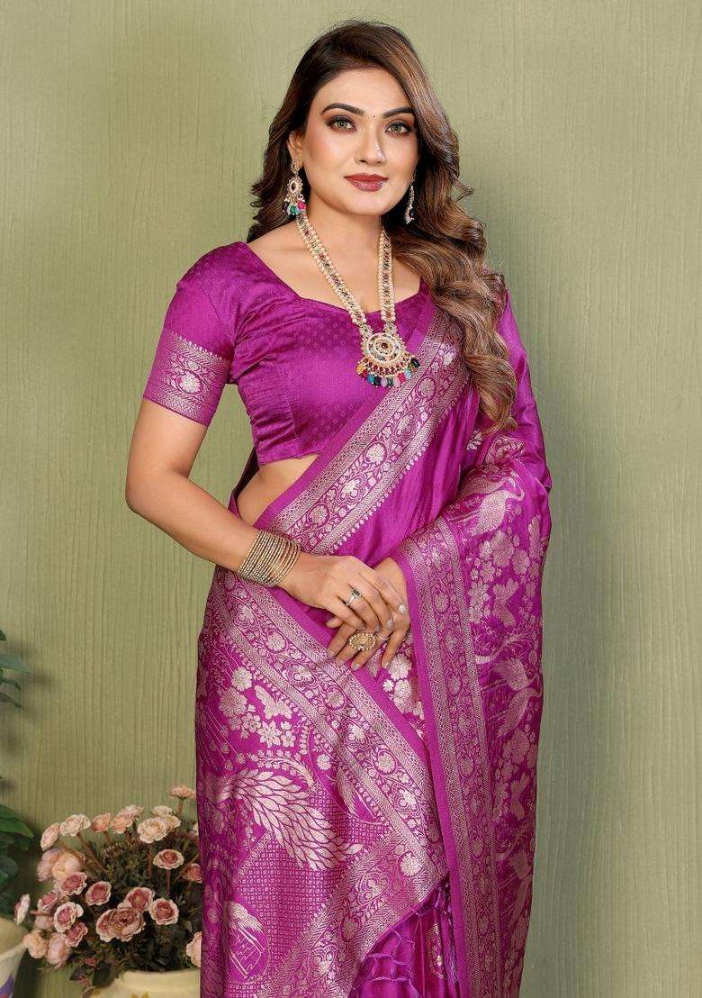 Purple Butta Work Satin Saree Set for Diwali and Festive Wear - Indya