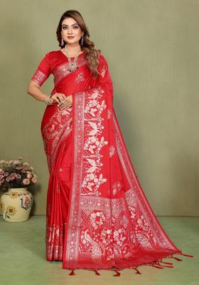 Red Butta Work Satin Saree Set