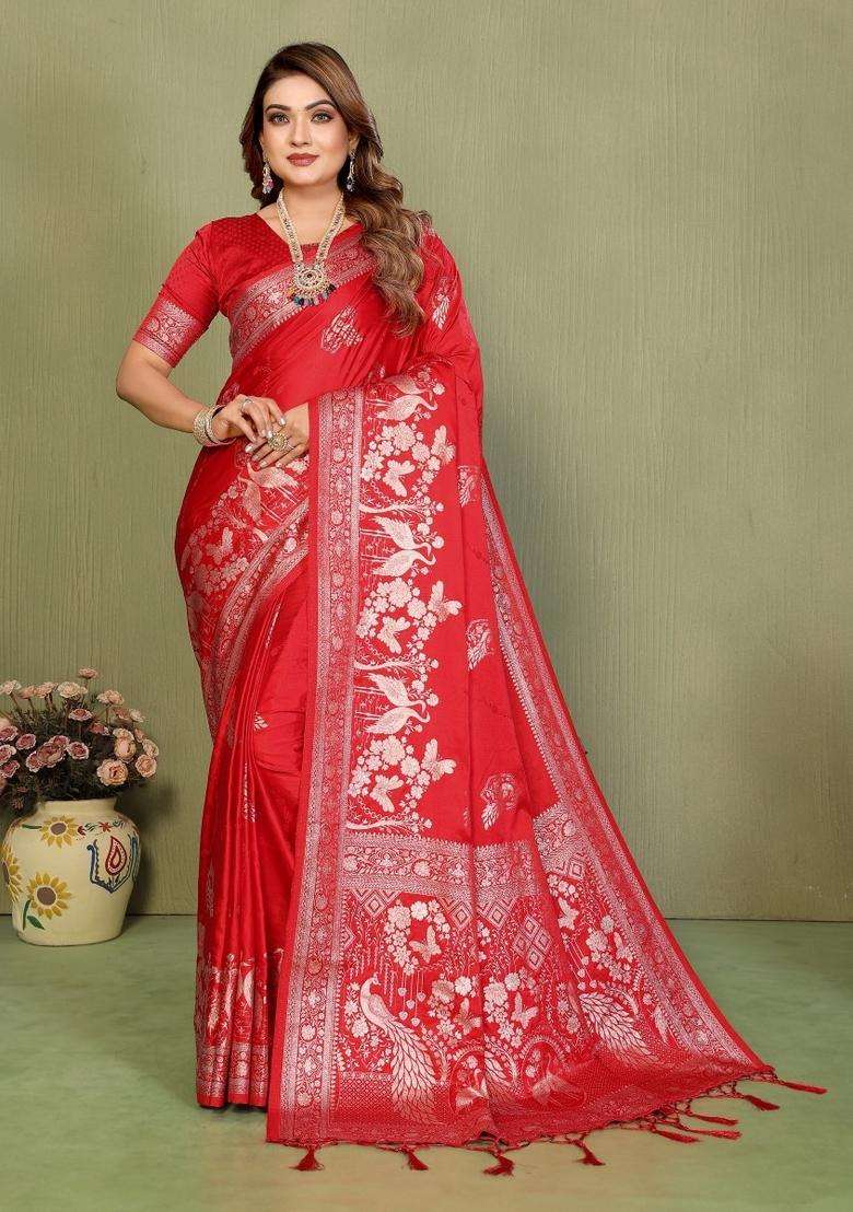 Red Butta Work Satin Saree Set for Diwali and Festive Wear - Indya