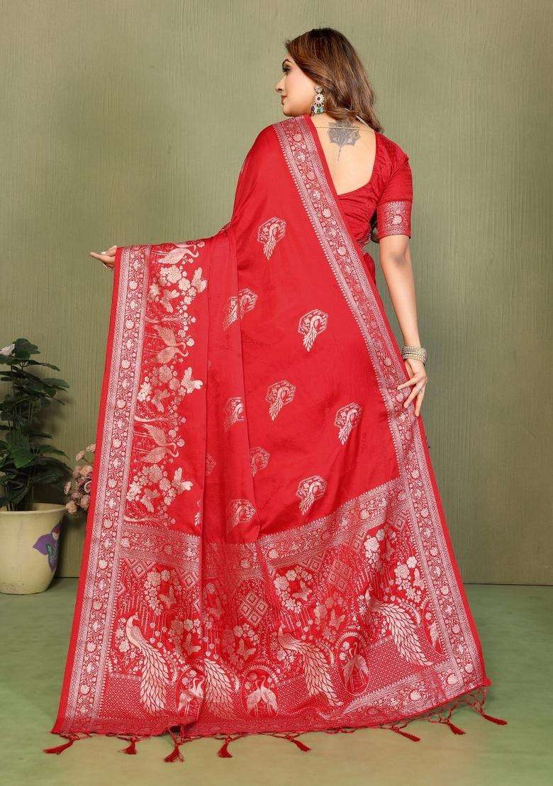 Red Butta Work Satin Saree Set for Diwali and Festive Wear - Indya