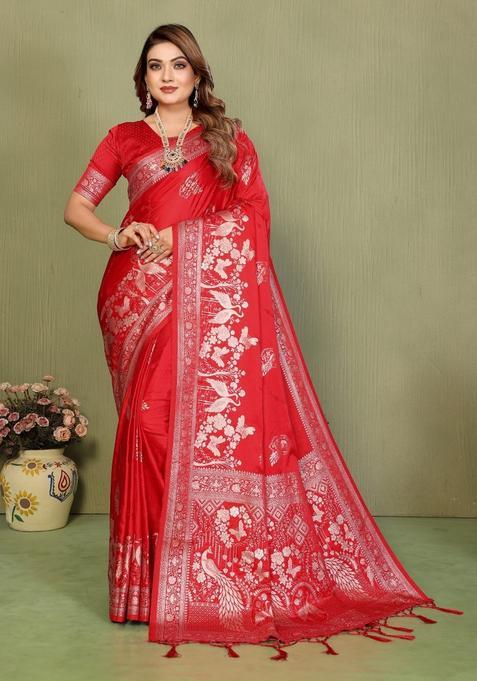 Red Butta Work Satin Saree Set
