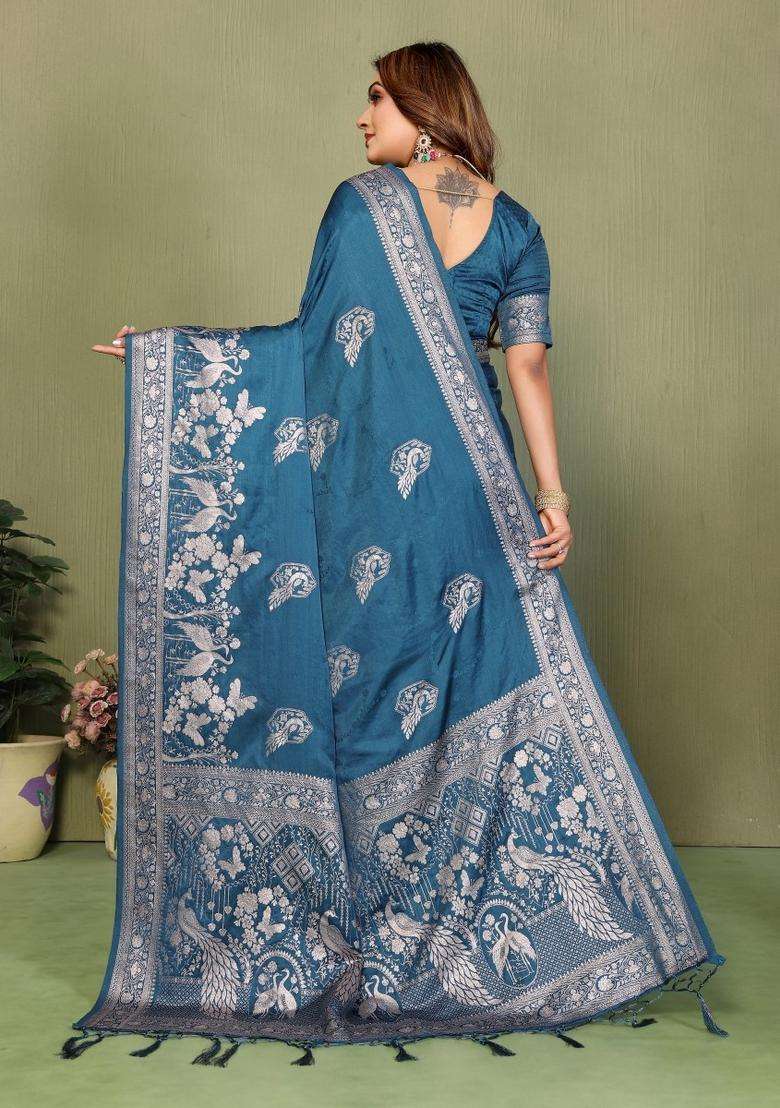 Teal Butta Work Satin Saree Set for Diwali | Wedding & Festive Wear - Indya