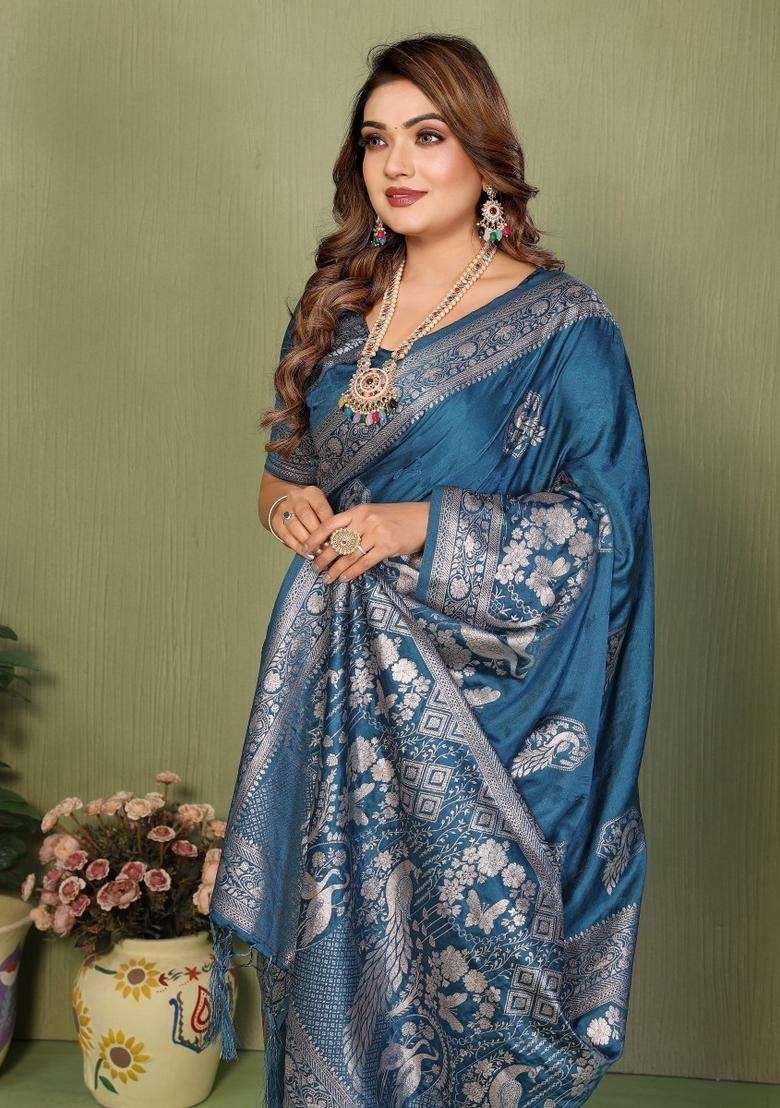 Teal Butta Work Satin Saree Set for Diwali | Wedding & Festive Wear - Indya