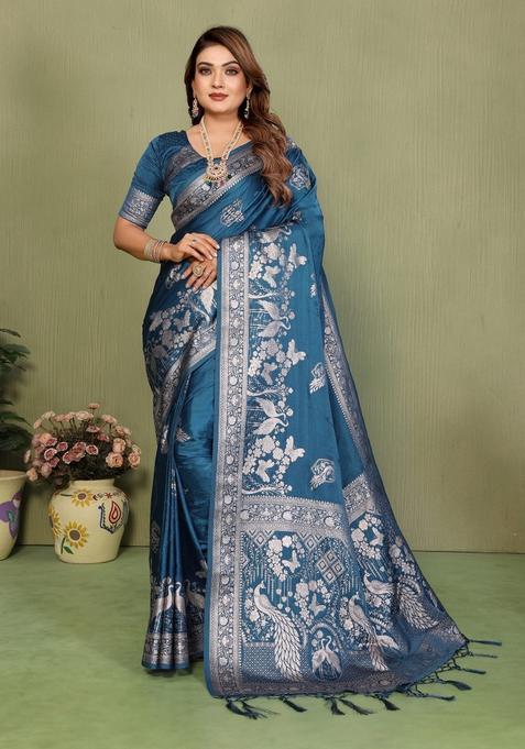 Teal Butta Work Satin Saree Set