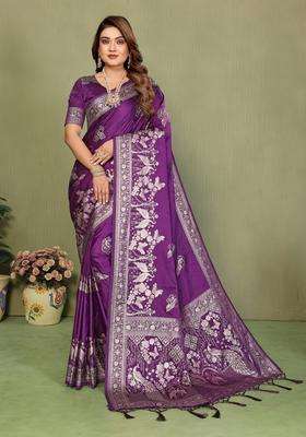 Violet Butta Work Satin Saree Set for Diwali and Festive Wear