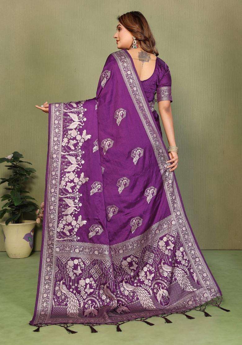 Violet Butta Work Satin Saree Set for Diwali and Festive Wear - Indya