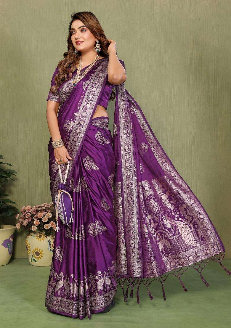 Violet Butta Work Satin Saree Set for Diwali and Festive Wear - Indya
