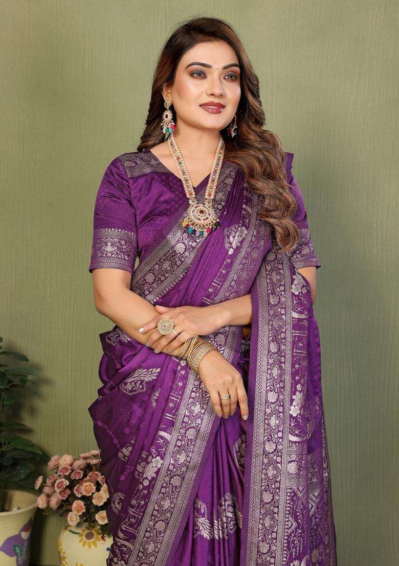 Violet Butta Work Satin Saree Set for Diwali and Festive Wear - Indya