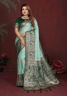 Rama Green Butta Work Satin Saree Set for Diwali | Wedding & Festive Wear