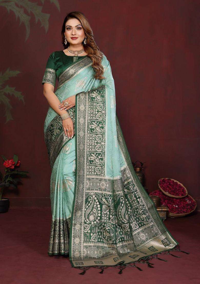 Rama Green Butta Work Satin Saree Set for Diwali | Wedding & Festive Wear - Indya