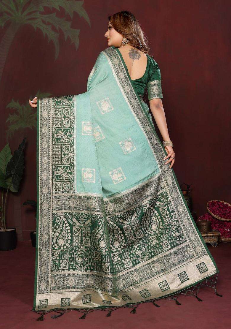 Rama Green Butta Work Satin Saree Set for Diwali | Wedding & Festive Wear - Indya