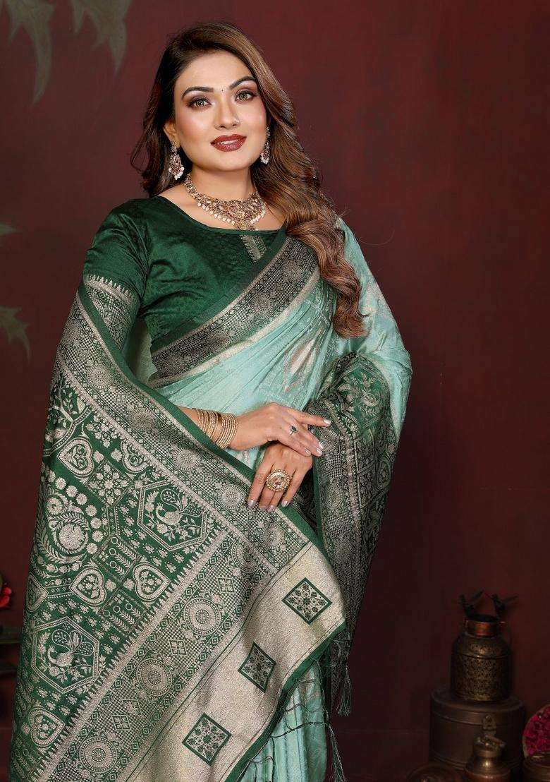 Rama Green Butta Work Satin Saree Set for Diwali | Wedding & Festive Wear - Indya