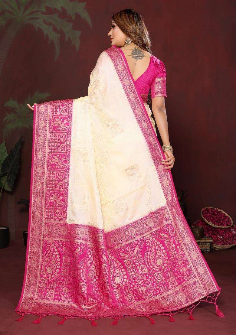 Off White Butta Work Satin Saree Set for Diwali and Festive Wear - Indya