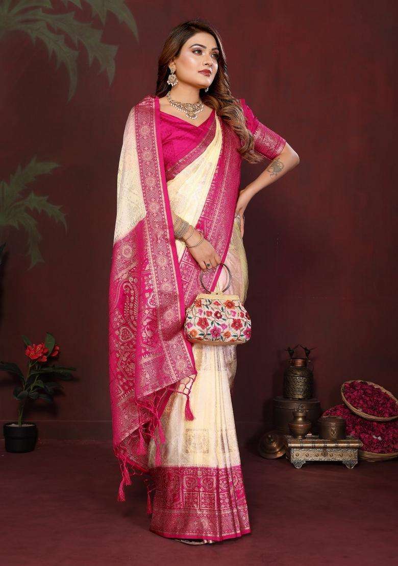 Off White Butta Work Satin Saree Set for Diwali and Festive Wear - Indya