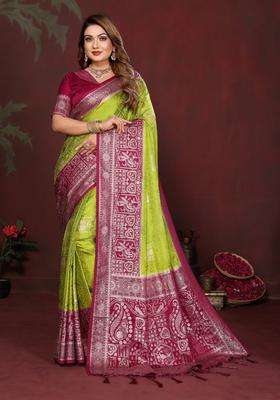 Parrot Green Butta Work Satin Saree Set for Diwali | Wedding & Festive Wear