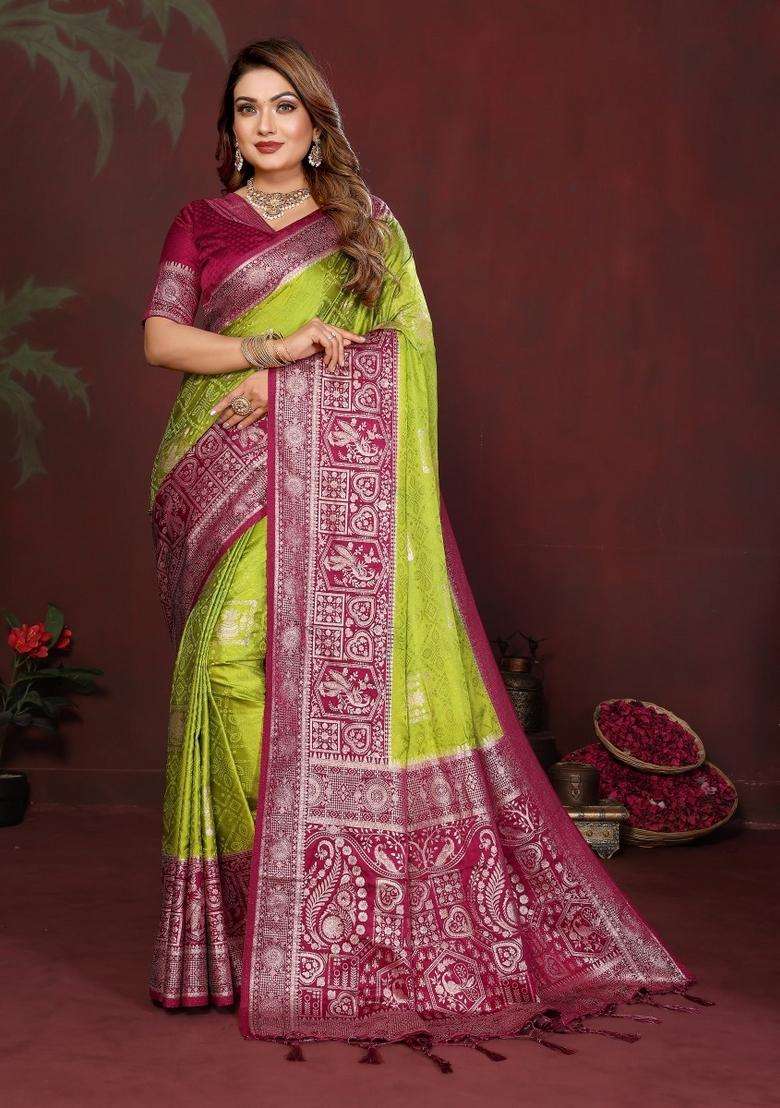 Parrot Green Butta Work Satin Saree Set for Diwali | Wedding & Festive Wear - Indya