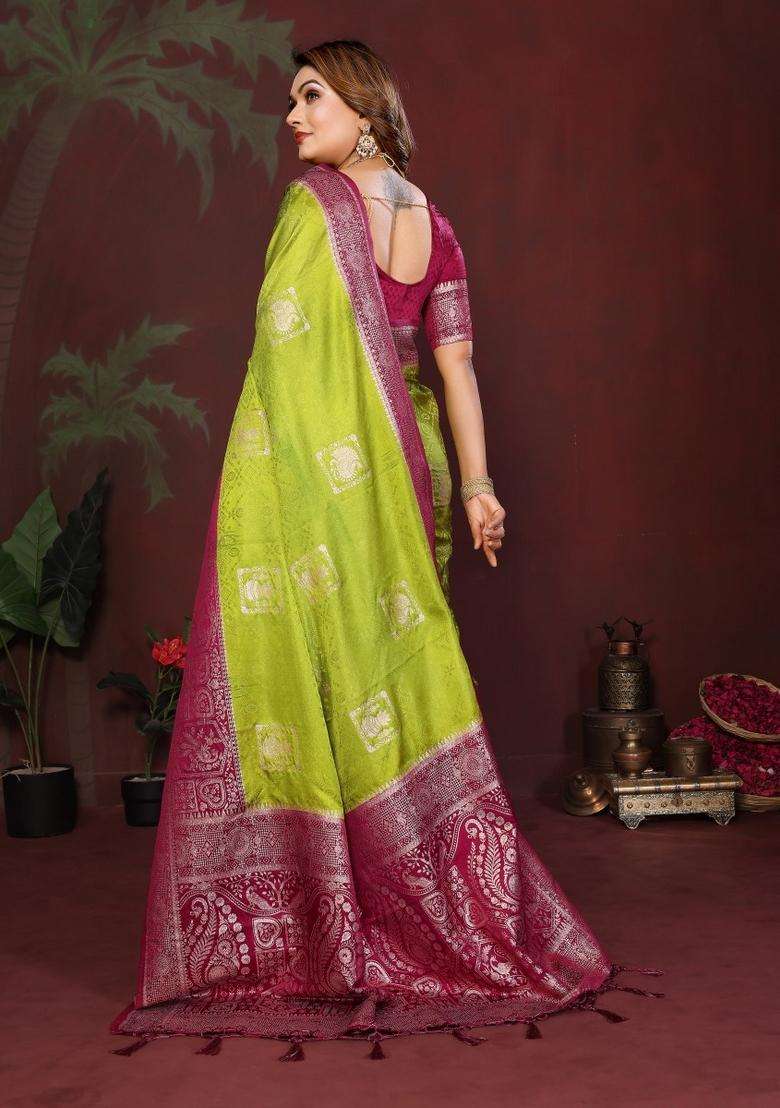 Parrot Green Butta Work Satin Saree Set for Diwali | Wedding & Festive Wear - Indya